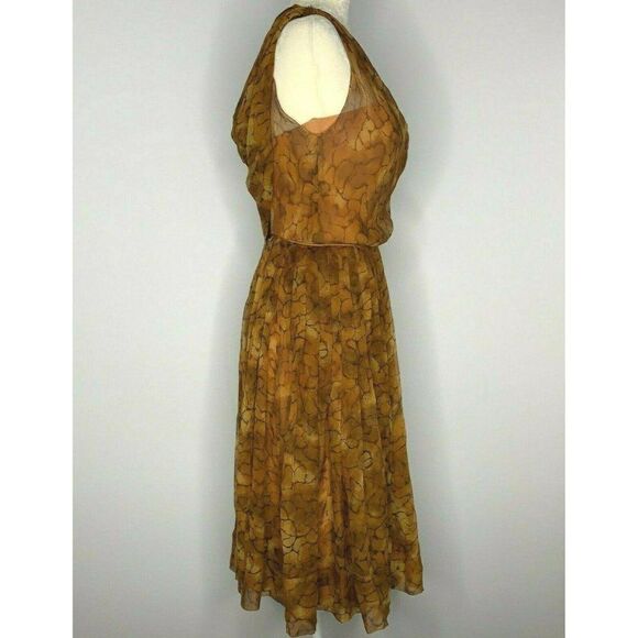 Vintage 50s Sheer Overlay Dress S Brown Draped - Picture 5 of 11